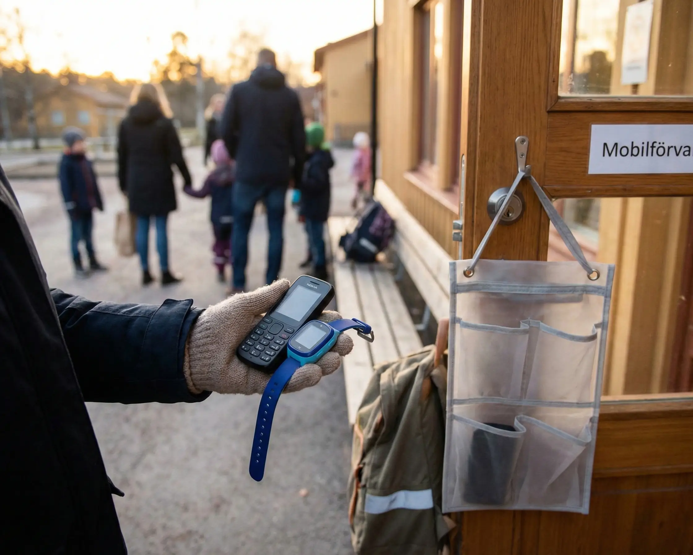 Förälder jämför knappmobil och GPS-klocka utanför skolan efter mobilförbud.