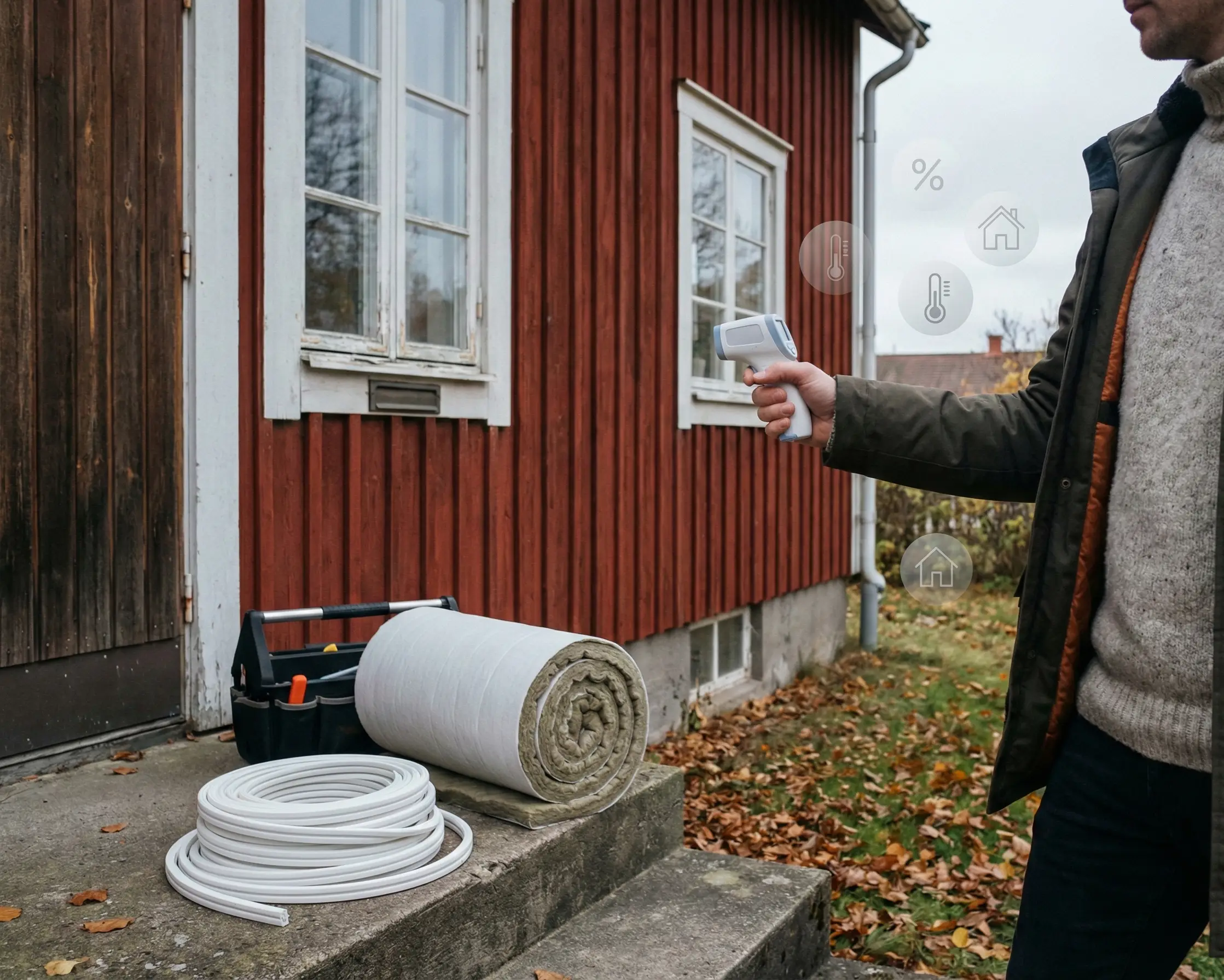Person identifierar värmeläckage i villa för att sänka elkostnaden.