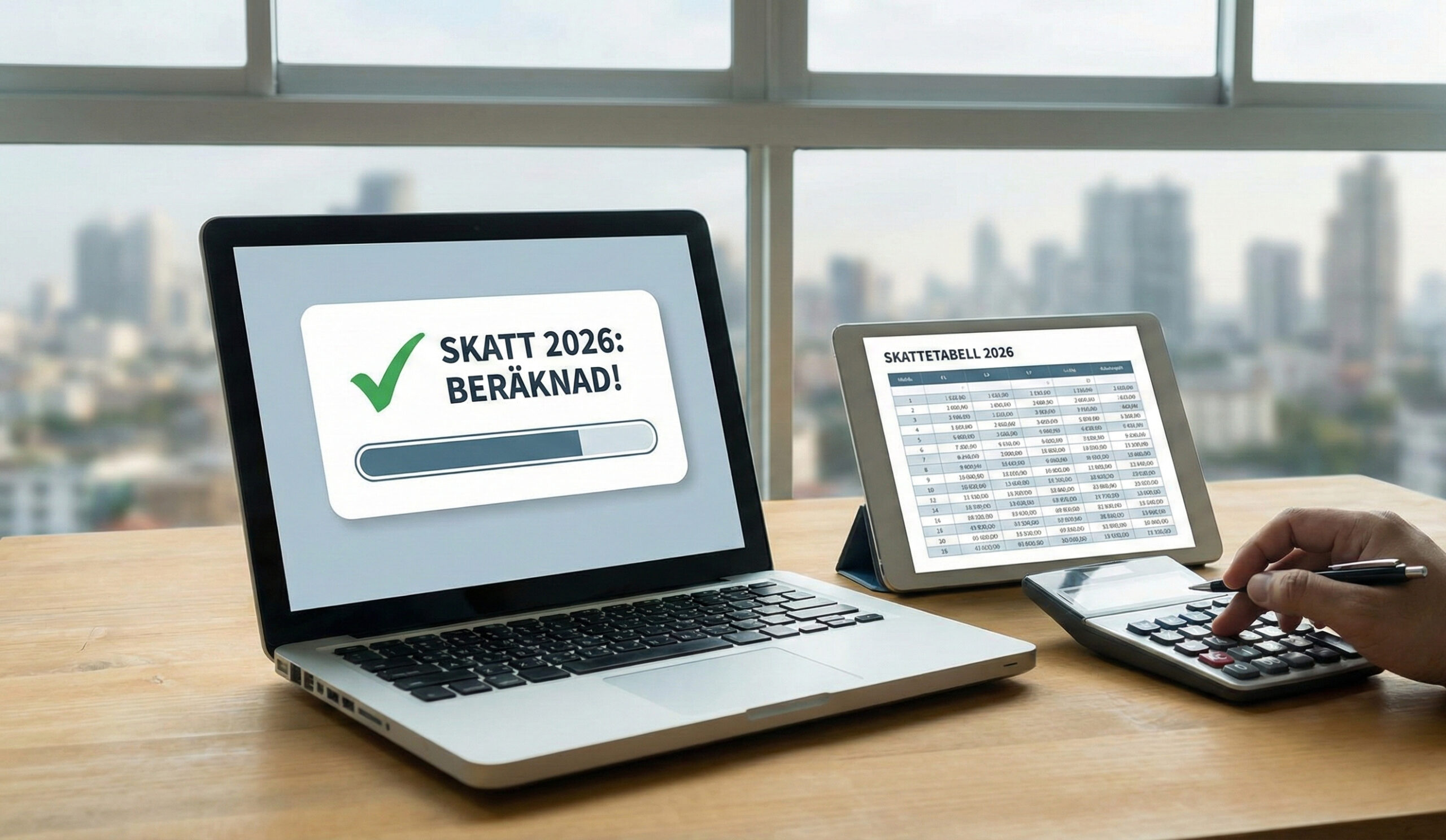 Effektiv skatteberäkning för 2026. Bilden visar en laptop med färdigt resultat, en surfplatta med skattetabell och en hand som använder en miniräknare.
