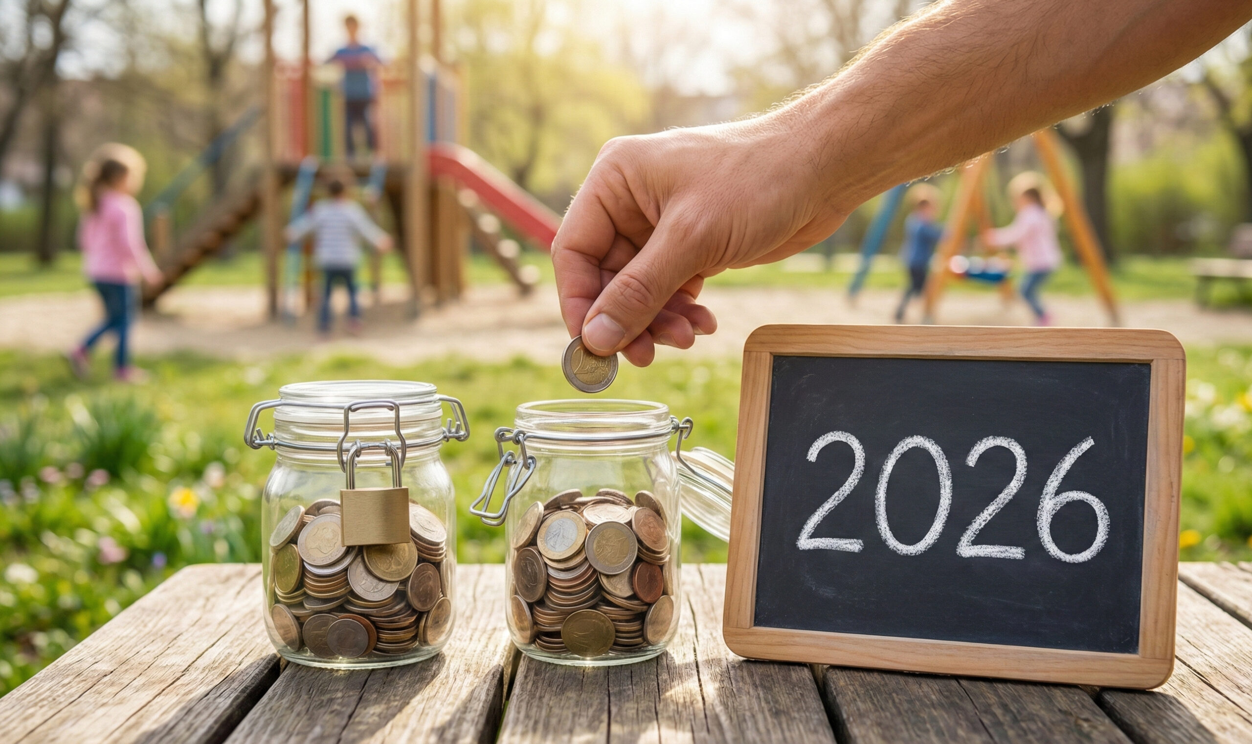 Två burkar med mynt, en låst och en öppen, med siffrorna 2026 - symbol för valet mellan KF och ISK vid barnsparande.