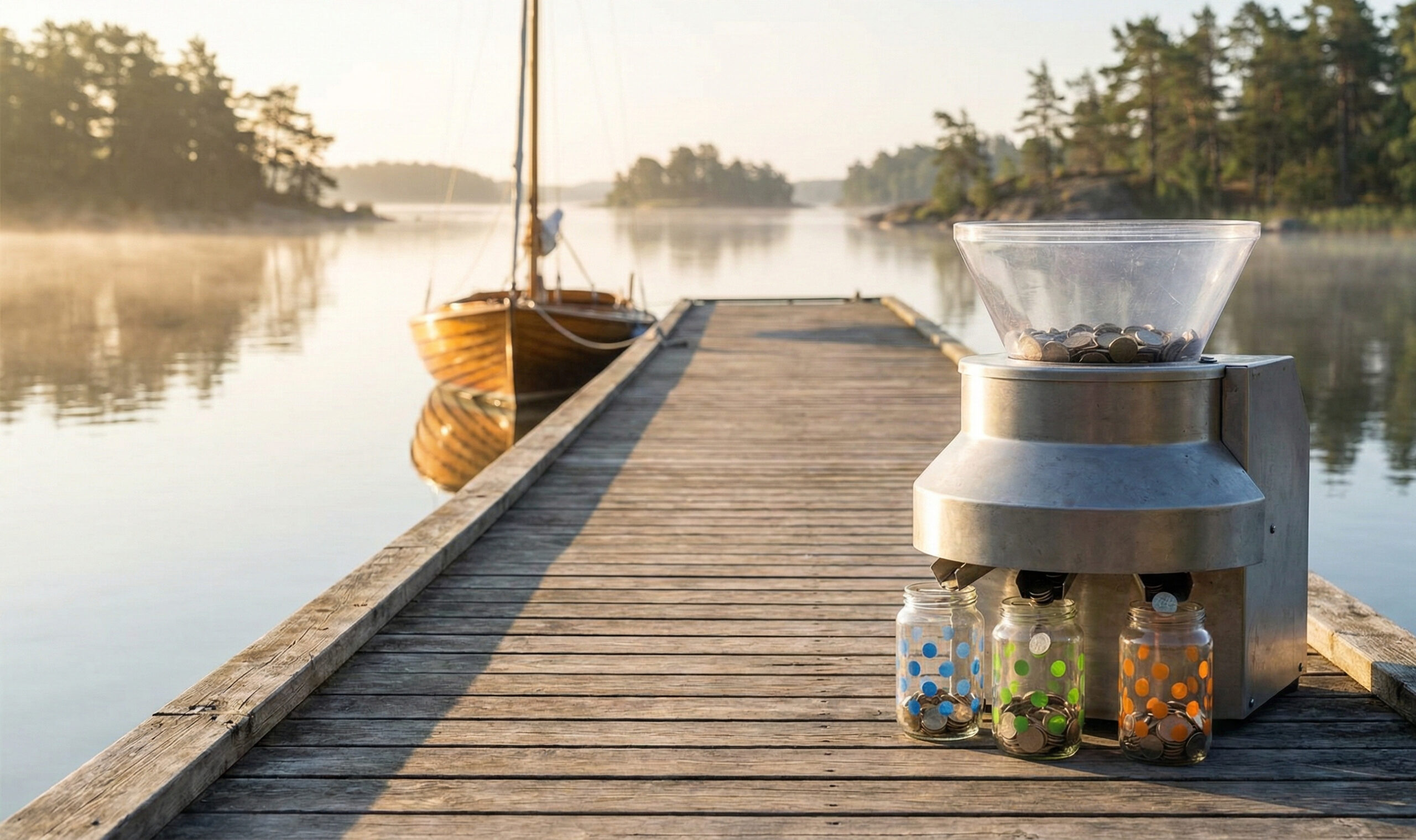 Mynt som droppar i tre glasbehållare på en brygga i skärgården som symboliserar utdelningar.
