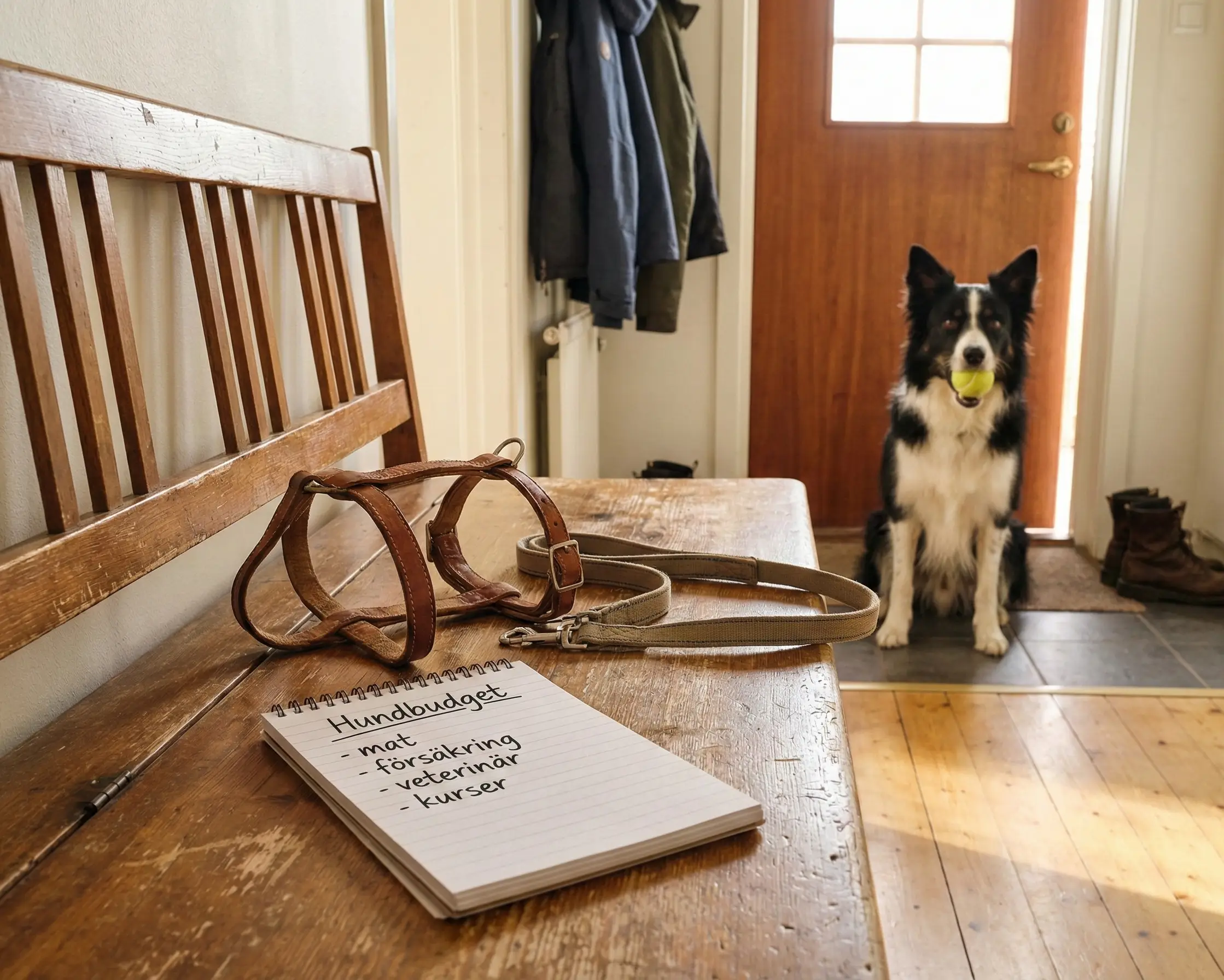 Hundsele och handskriven hundbudget i hallen inför hundköp.